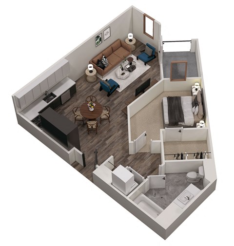 an overhead view of a 3d floor plan of a living room